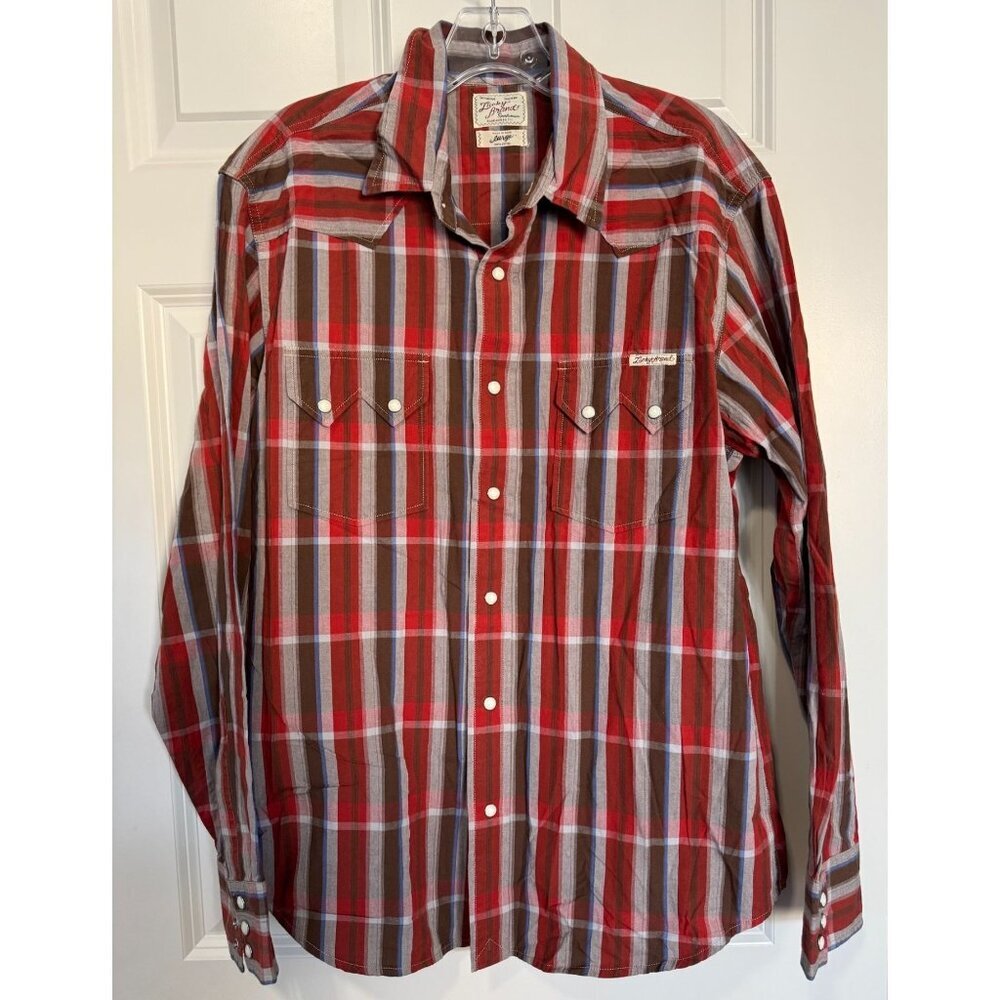 Lucky Brand Pearl Snap Shirt Plaid Check Red Brown Western Cowboy Men's Large L
